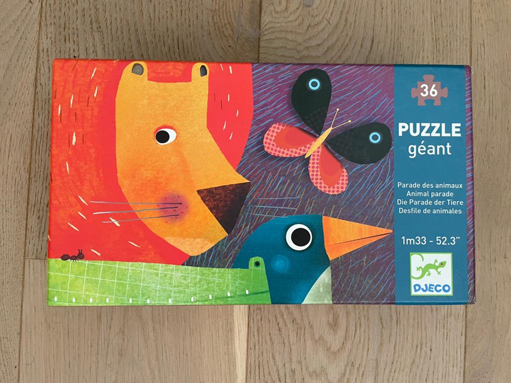Te koop: Djeco vloer puzzel dieren 36 stukjes 1.33 meter, Ophalen of Verzenden, 10 tot 50 stukjes, Gebruikt, 2 tot 4 jaar