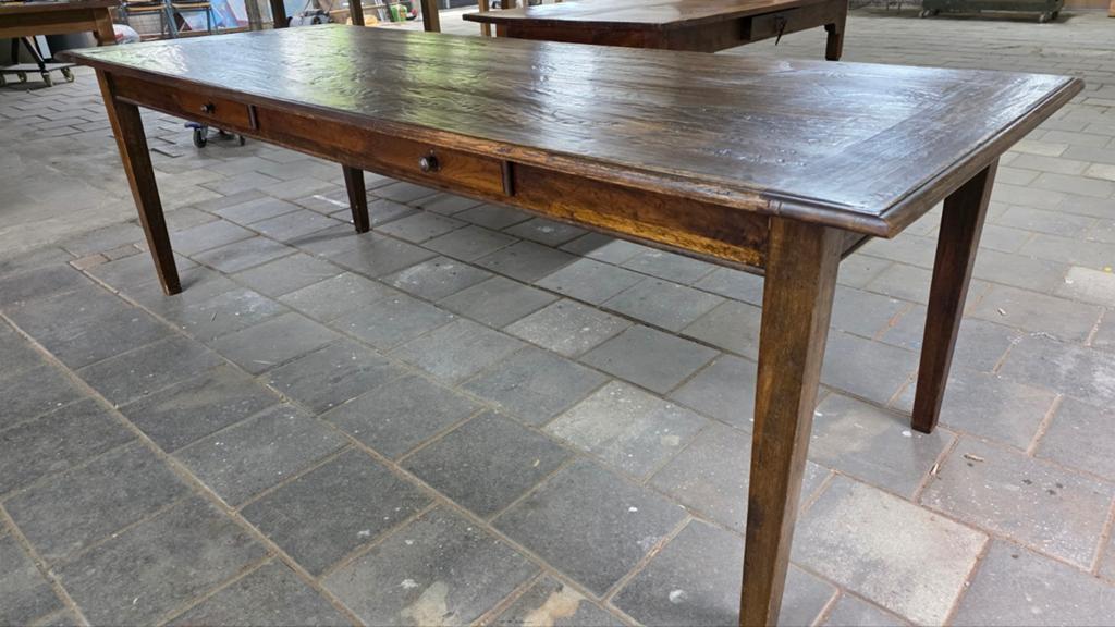 Boerentafel 245x95x78 cm met 2 laden, Ophalen, Gebruikt, Eikenhout, 200 cm of meer