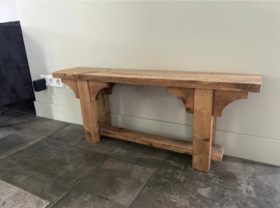 Houten bankje/sidetable, Ophalen, 100 tot 150 cm, Zo goed als nieuw, 25 tot 50 cm