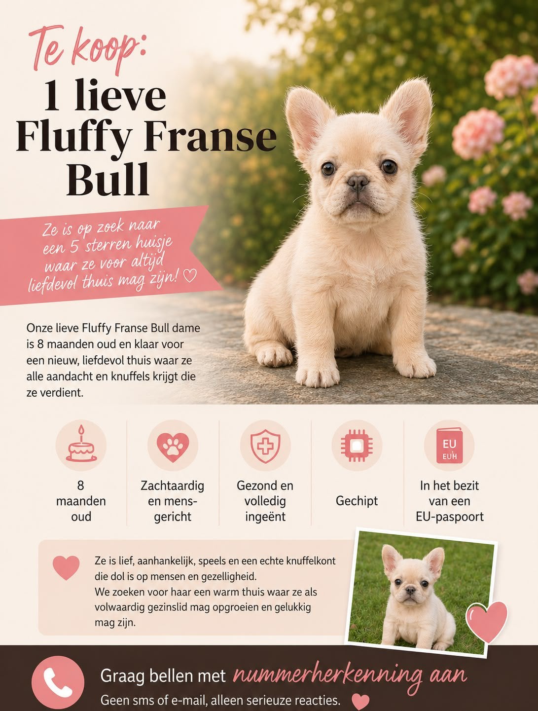 Fluffy franse bulldog, 15 weken tot 1 jaar, Overige rassen, Teef, Parvo