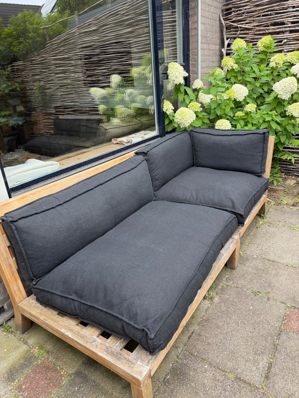Zwarte palletkussens Hidde van Karwei, Tuin en Terras, Tuinsets en Loungesets, Overige materialen, Gebruikt, Loungeset, Bank