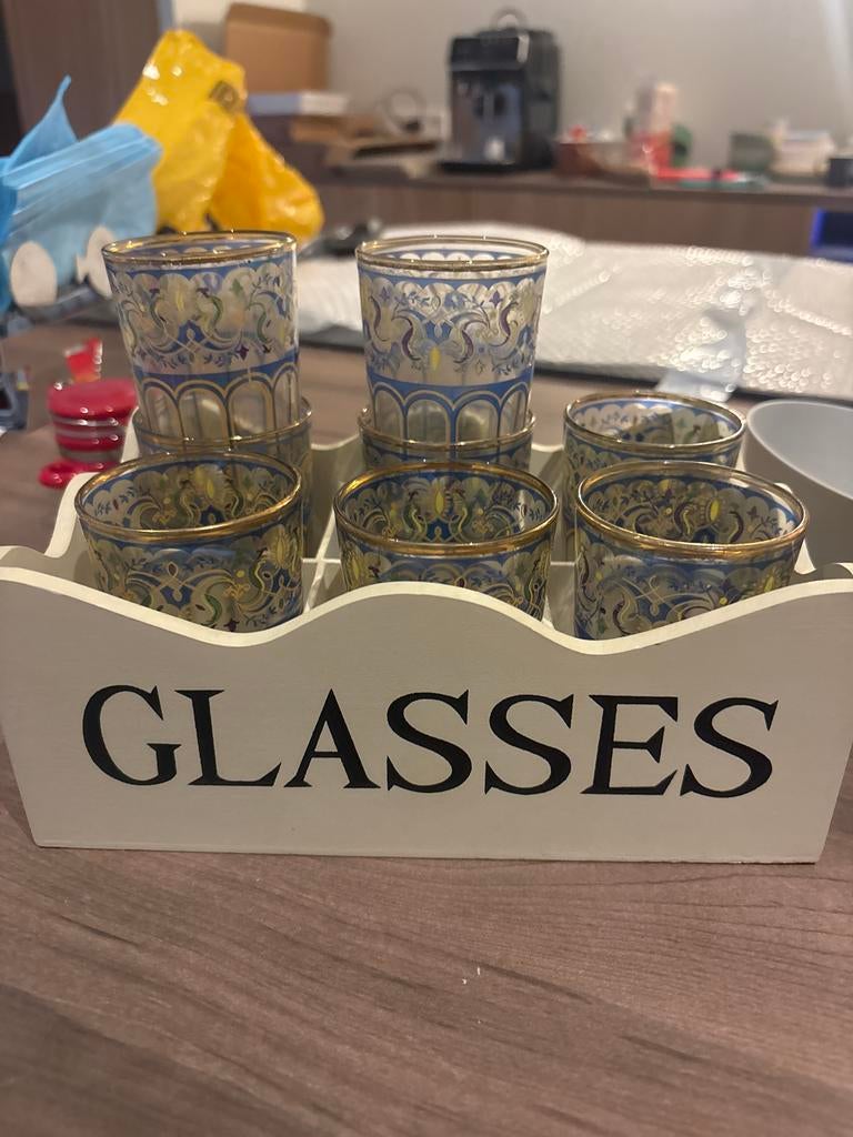 Marokkaanse stijl glazen 8x met houten houder, Ophalen, Meerkleurig, Overige merken, Glas