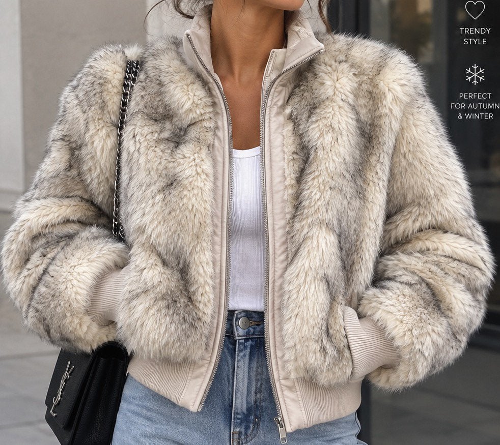 Oversized faux fur cropped bomberjack (E-Woman Fashion), Kleding | Dames, Ophalen of Verzenden, Zo goed als nieuw, Grijs