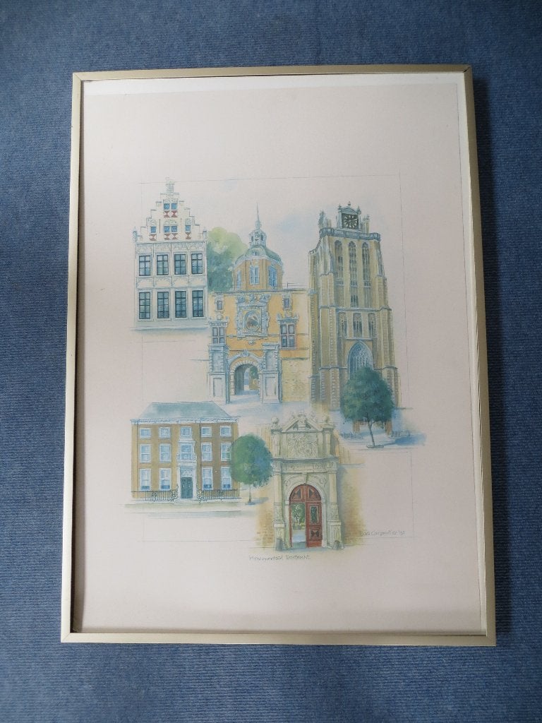Zeefdruk Monumentaal Dordrecht door Dora Carpentier, Ophalen, Ingelijst, Overige onderwerpen, Lithografie