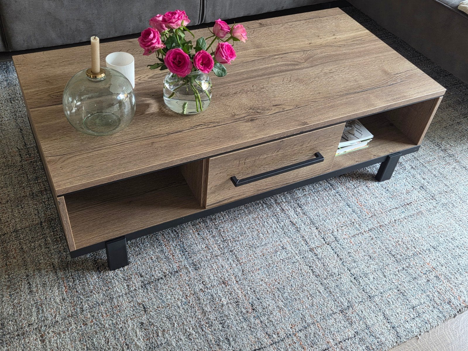 Salontafel met lade en opbergruimte, melamine blad, Ophalen, 100 tot 150 cm, 50 tot 100 cm, Zo goed als nieuw