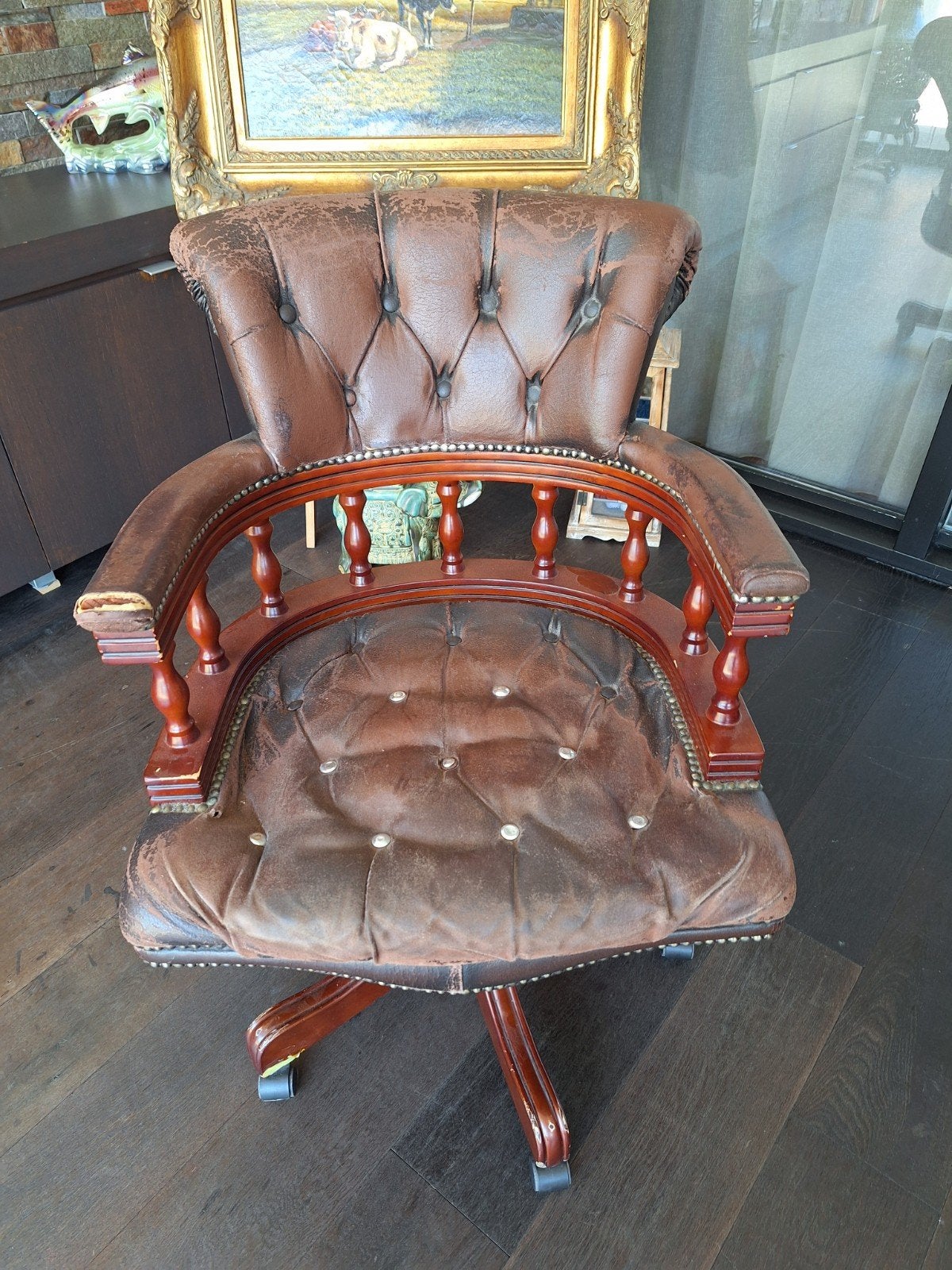 Vintage Bureaustoel Leer Hout - Chesterfield Stijl, Huis en Inrichting, Ophalen, Gebruikt, Chesterfield, Klassiek, Vintage, Bruin