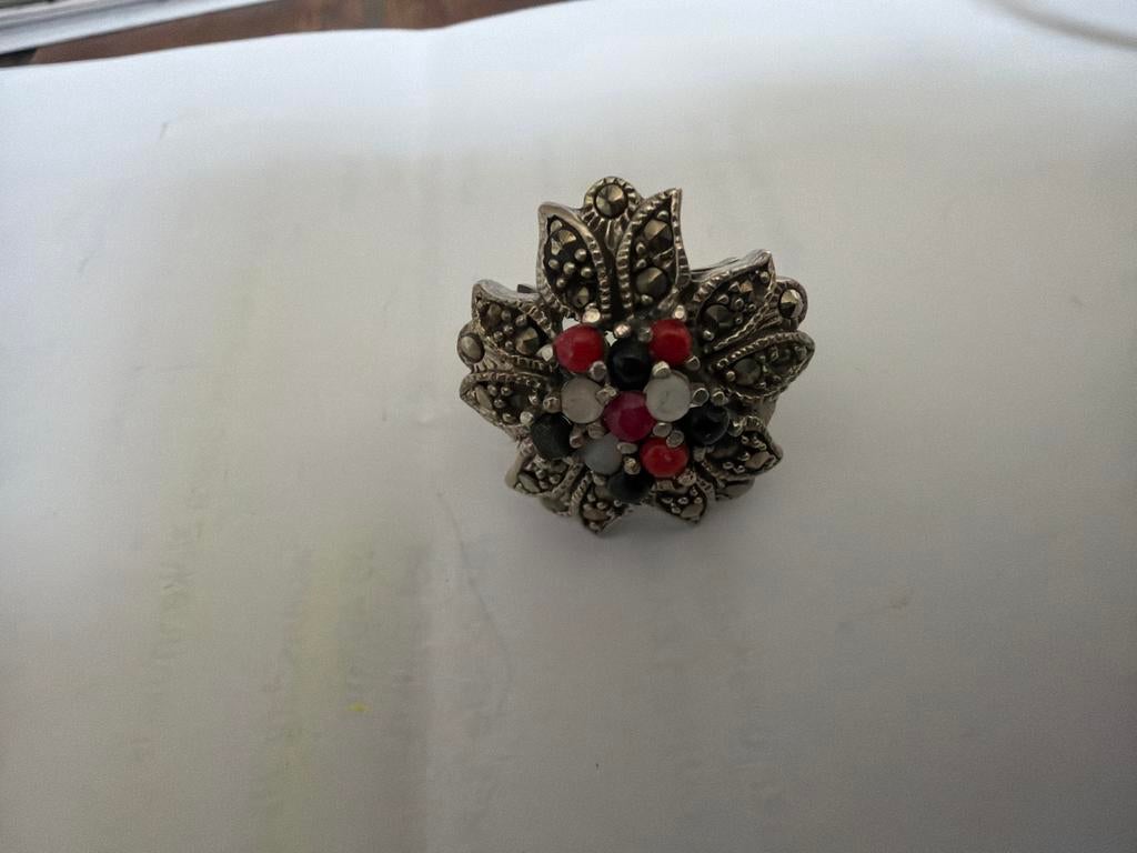 Unieke Retro Vintage Antieke Zilveren Ring met Markasiet en, Gebruikt, 19 tot 20, Ophalen of Verzenden, Met edelsteen