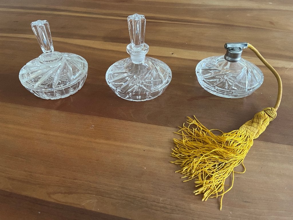 Set van drie vintage kaptafel parfumflessen kristal, Ophalen of Verzenden, Zo goed als nieuw, Miniatuur