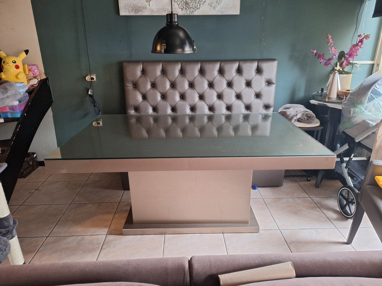 Complete eethoek met bijpassend salontafel., Huis en Inrichting, Tafels | Eettafels, Gebruikt, 100 tot 150 cm, Glas, Ophalen of Verzenden