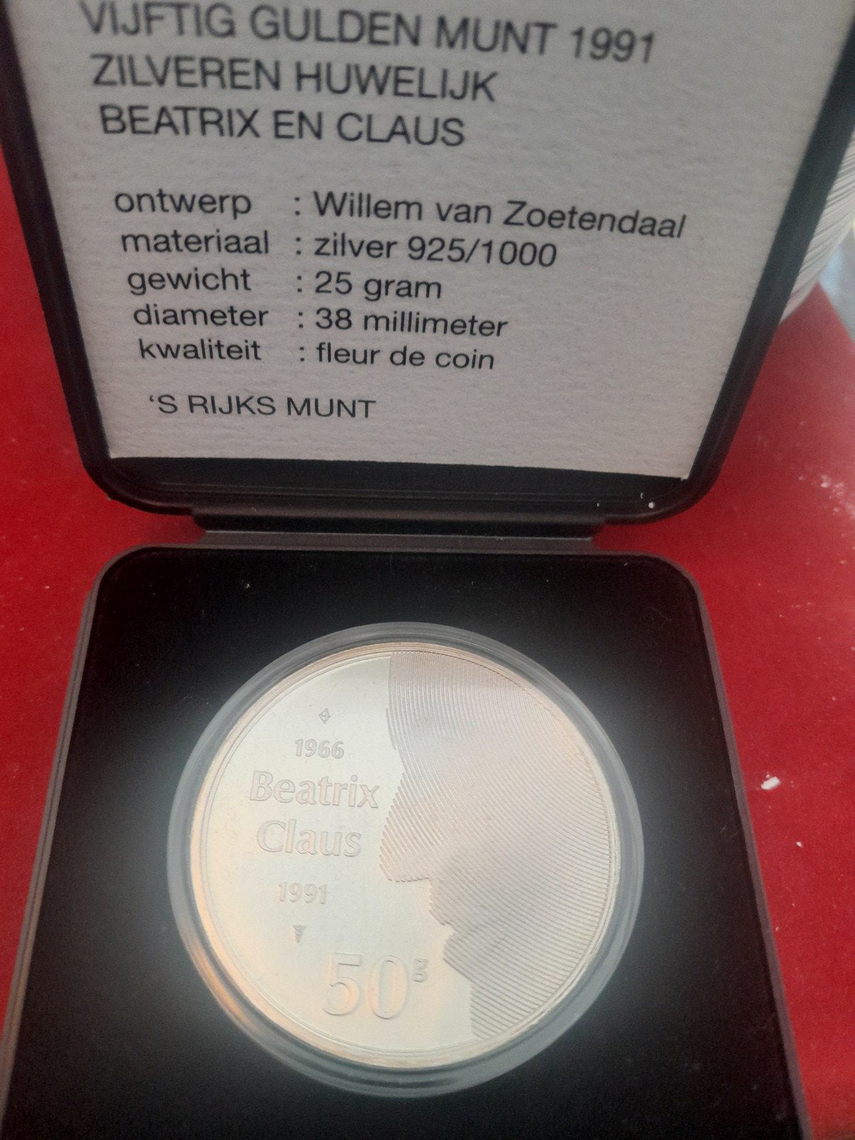 Zilveren 50 Gulden Munt 1991 Huwelijk Beatrix & Claus, Verzenden, Koningin Beatrix, Losse munt, Geboorte of Huwelijk