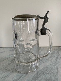 Antieke glazen bierpul met zilver/tinnen deksel, Ophalen of Verzenden