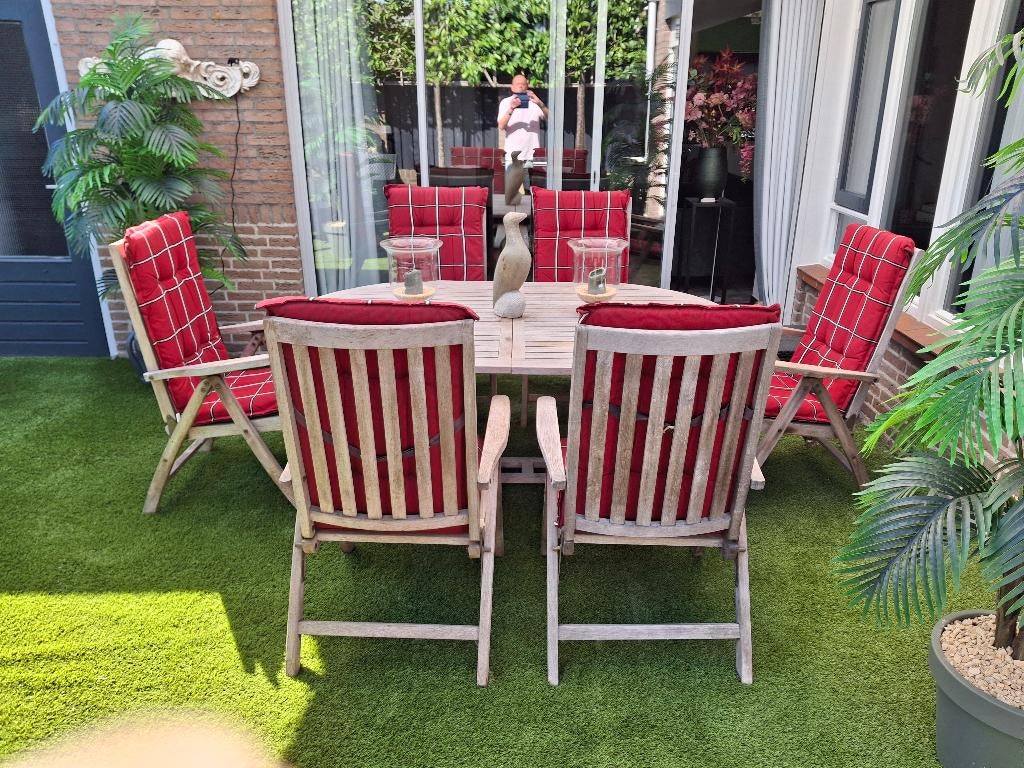 teak ovale tafel met 6 stoelen en 8 kussens, Ophalen, Gebruikt, 100 tot 150 cm, Teakhout