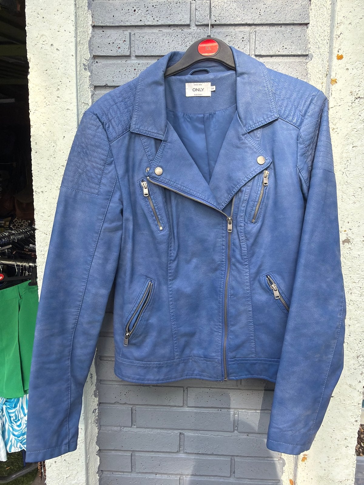 ONLY blauw leren bikerjack - Maat 38, Ophalen of Verzenden, Zo goed als nieuw, Maat 38/40 (M), Blauw