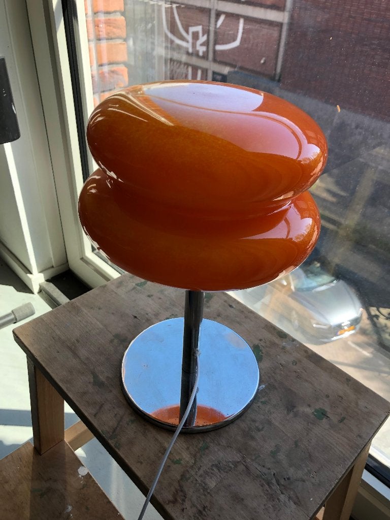 Fraaie oranje retro lamp - dimbaar, sfeervol, 28 cm, Oranje, Ophalen of Verzenden, Glas