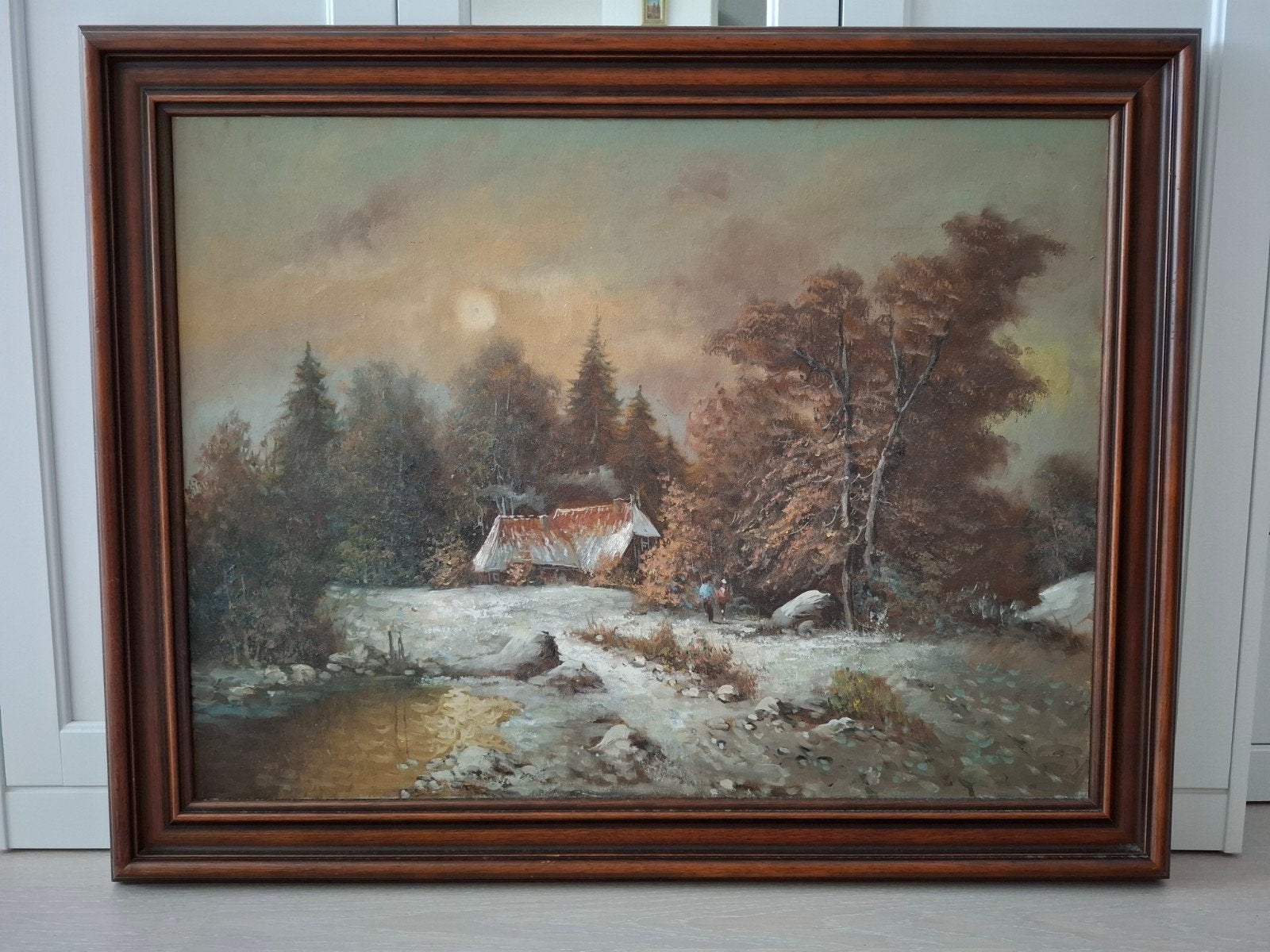 Schilderij Winterlandschap met huisje en figuren olieverf, Ophalen, Doek, Oud hollands, Landschap