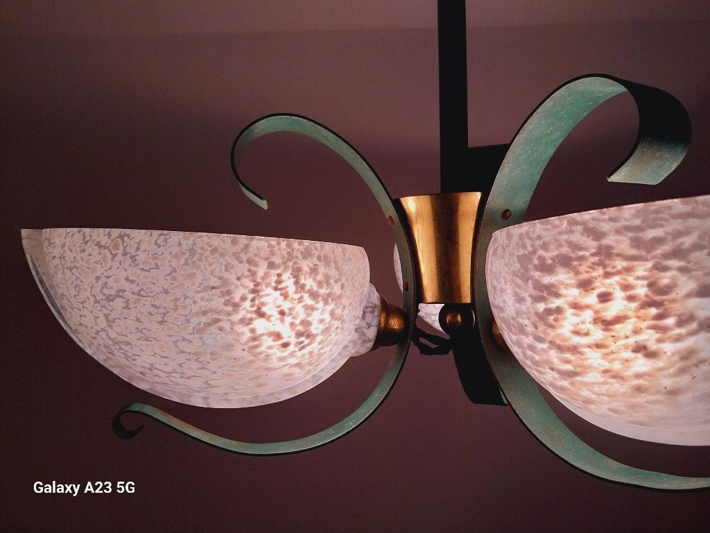 Franse Art Deco kroonluchter messing en Clichy glas jaren 30, Antiek en Kunst, Ophalen of Verzenden