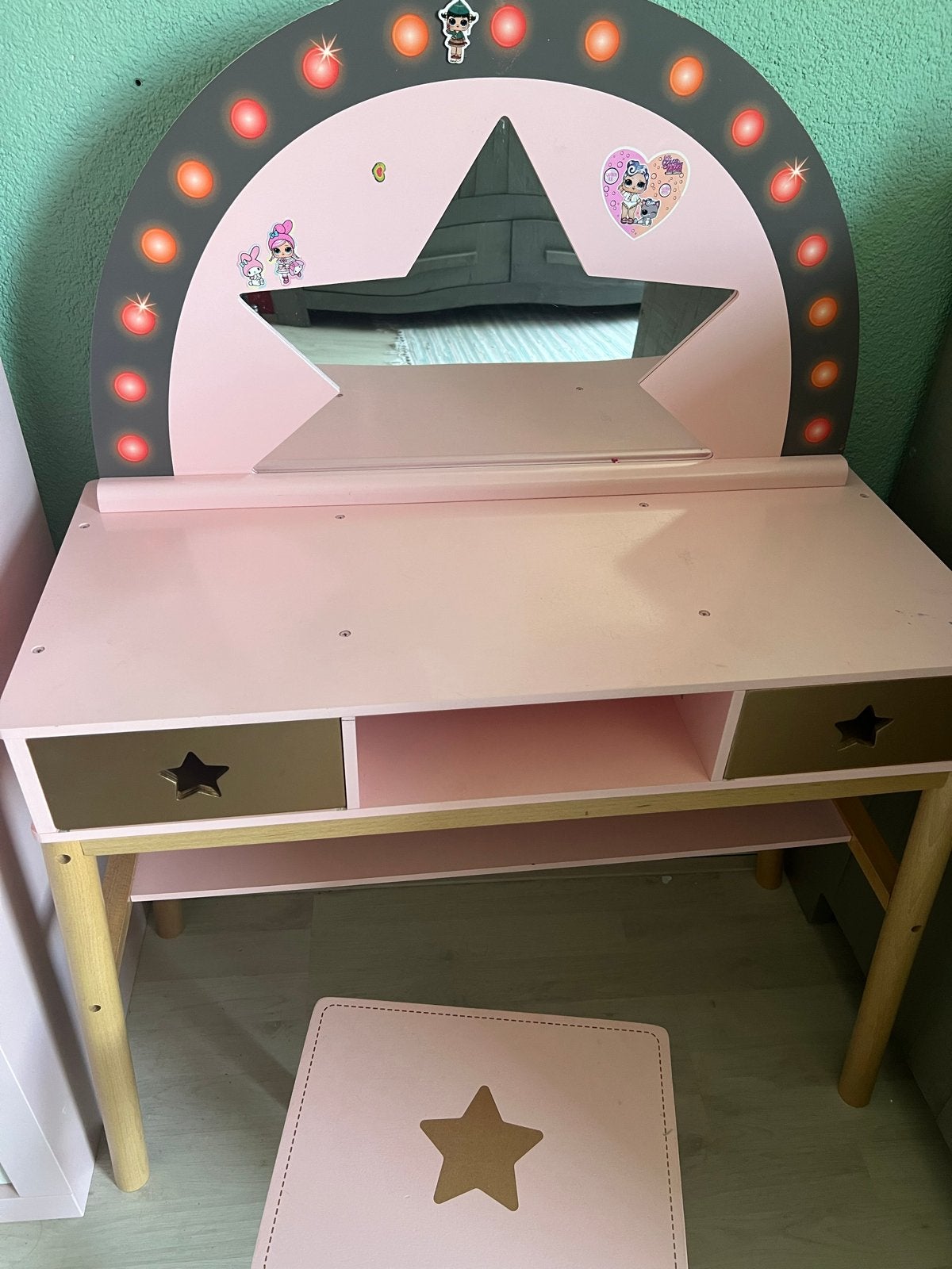 Roze kaptafel met spiegel en krukje voor meisjes, Ophalen, Gebruikt, Tafel(s) en Stoel(en)