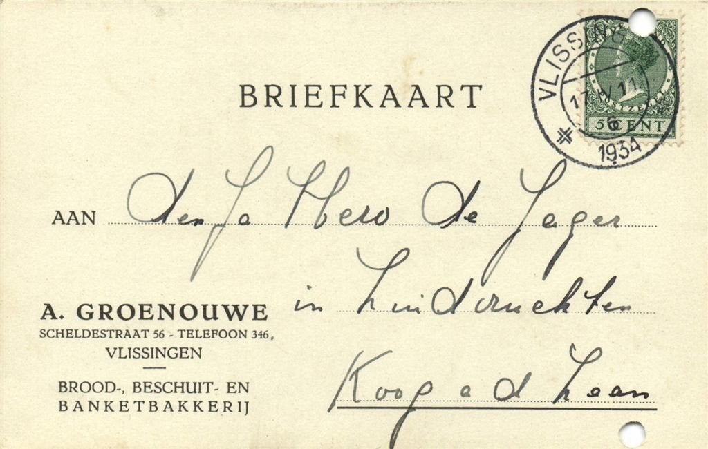 A. Groenouwe, Vlissingen - 04.1934 - briefkaart, Postzegels en Munten, Ophalen of Verzenden, Briefkaart