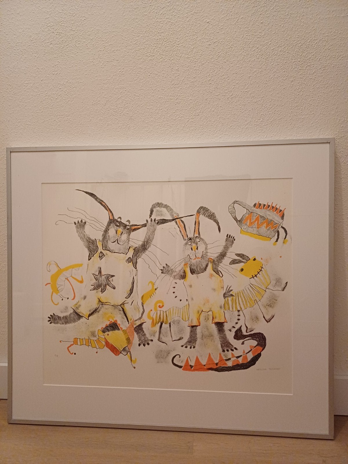 Maricha Tervoort - Dansende hazen (80,5 x 70,5 cm), Ophalen, Zeefdruk, Overige technieken, Ingelijst