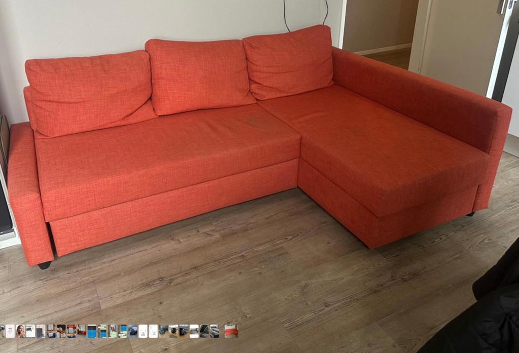 IKEA Friheten slaapbank met chaise longue - Oranje, Ophalen, Gebruikt, 100 tot 125 cm, Hoekbank