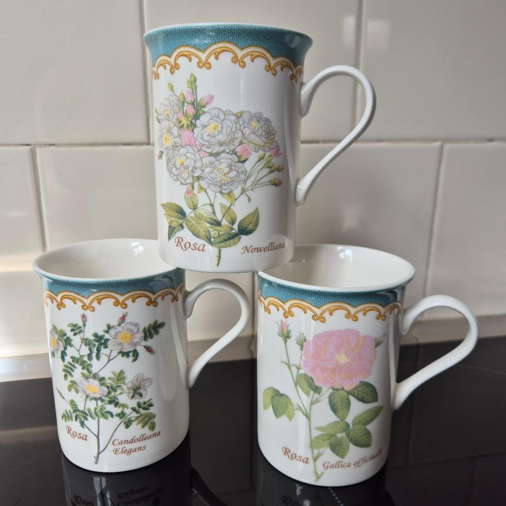 Kent Pottery 3 bone china mokken met rozen decor, Nieuw, Ophalen of Verzenden, Overige stijlen, Kop(pen) en/of Schotel(s)