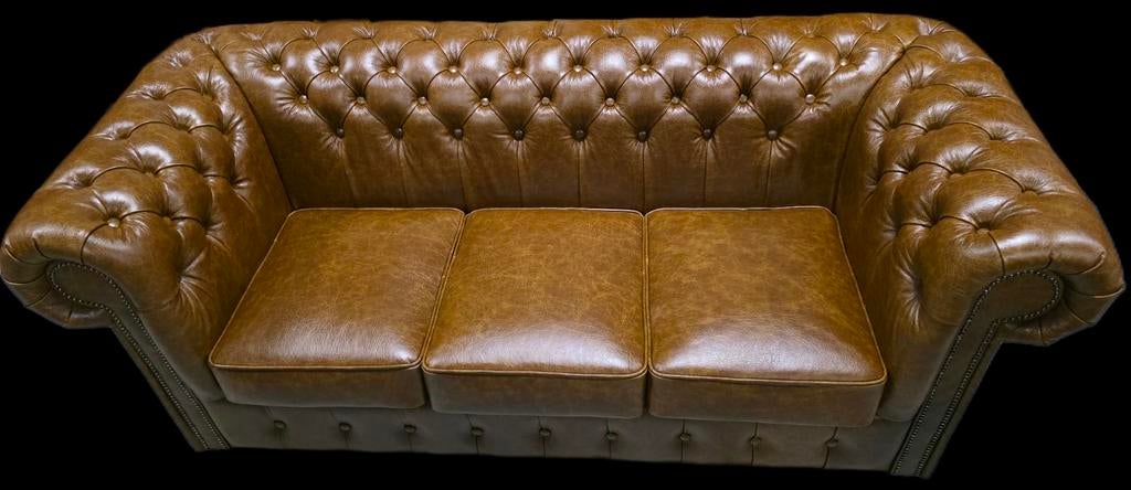 Chesterfield bank showroommodel vintage bruin leer + BEZORGD, ., Vintage, Ophalen of Verzenden, Rechte bank