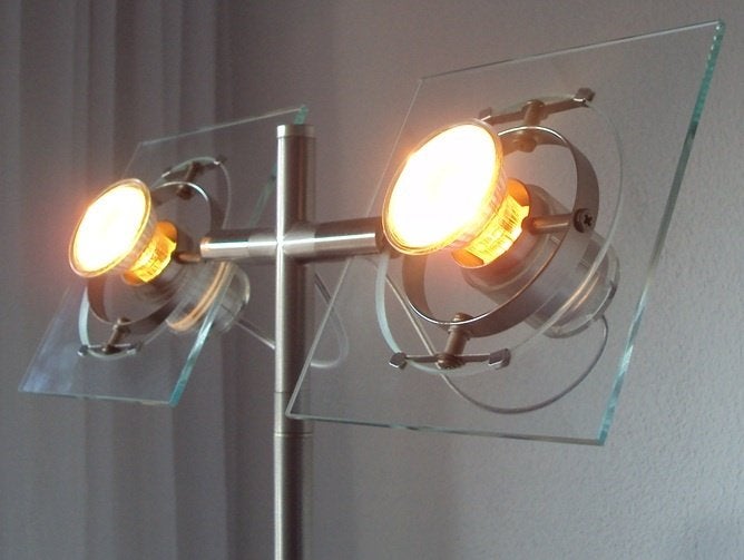 vloerlamp, staande lamp, hallogeen, rvs, glas, steen, zgan, Huis en Inrichting, Lampen | Vloerlampen, Ophalen, Glas, Zo goed als nieuw