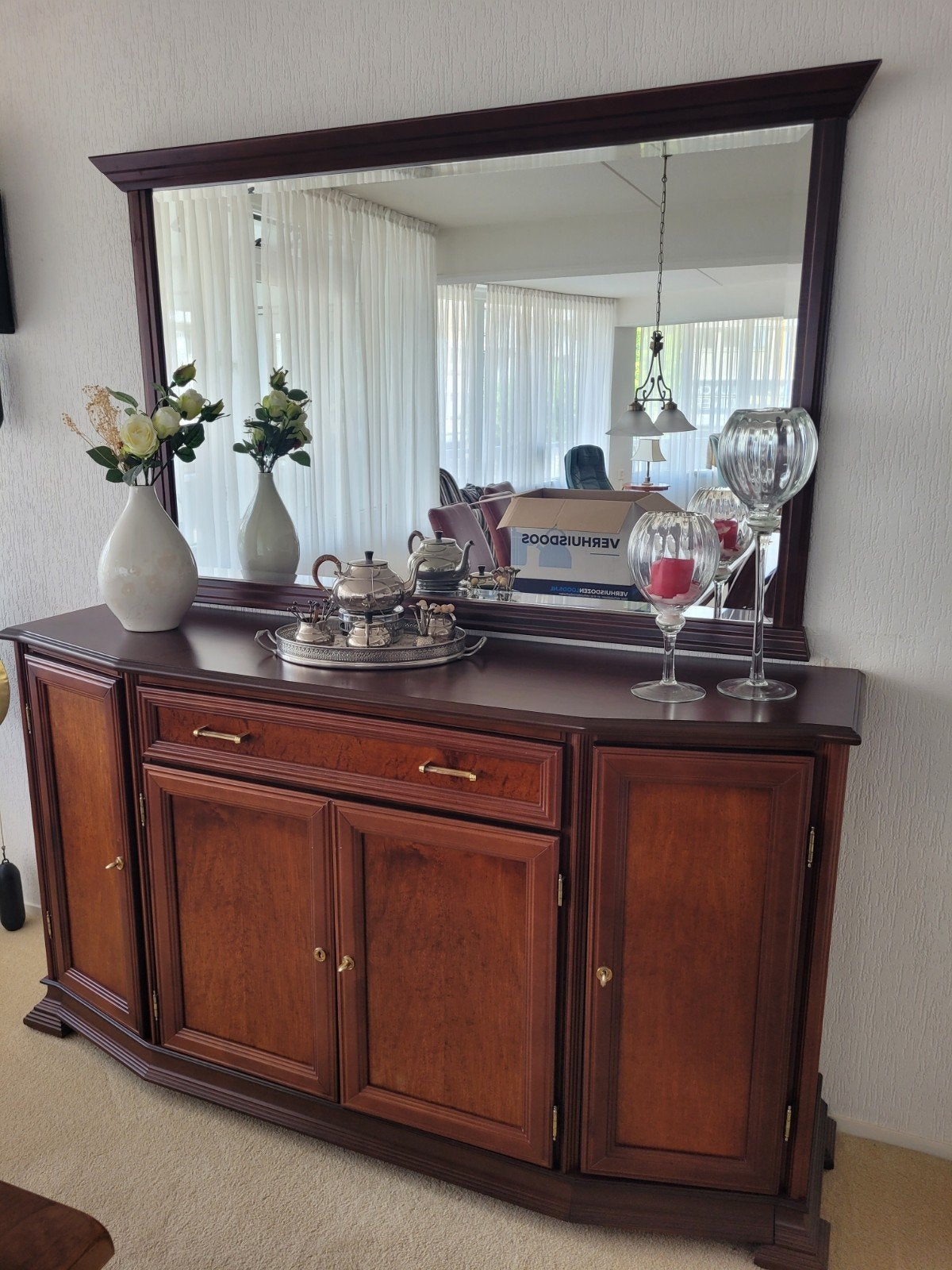 Kersenhouten dressoir met bijpassende opzetspiegel, Ophalen, Gebruikt, Met lade(s), 150 tot 200 cm