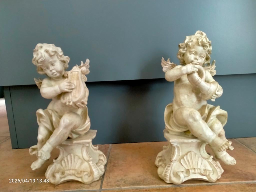 2 Engeltjes met harp en trompet, Ophalen, Zo goed als nieuw, Hout, Overige stijlen