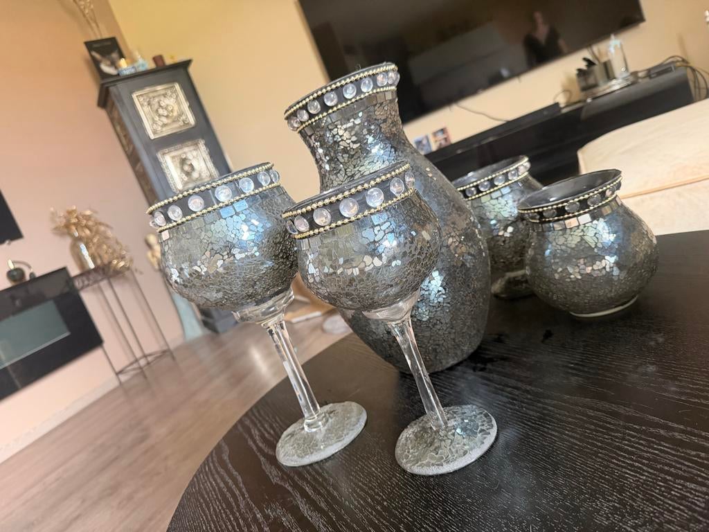Decoratieve Mozaïek Vaas en Glazen Set, Antiek en Kunst, Ophalen of Verzenden