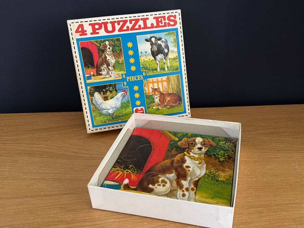 4 puzzels puzzles dieren hond kip koe kat 4 6 9 en 16, Ophalen of Verzenden, Minder dan 10 stukjes, Zo goed als nieuw, 4 tot 6 jaar