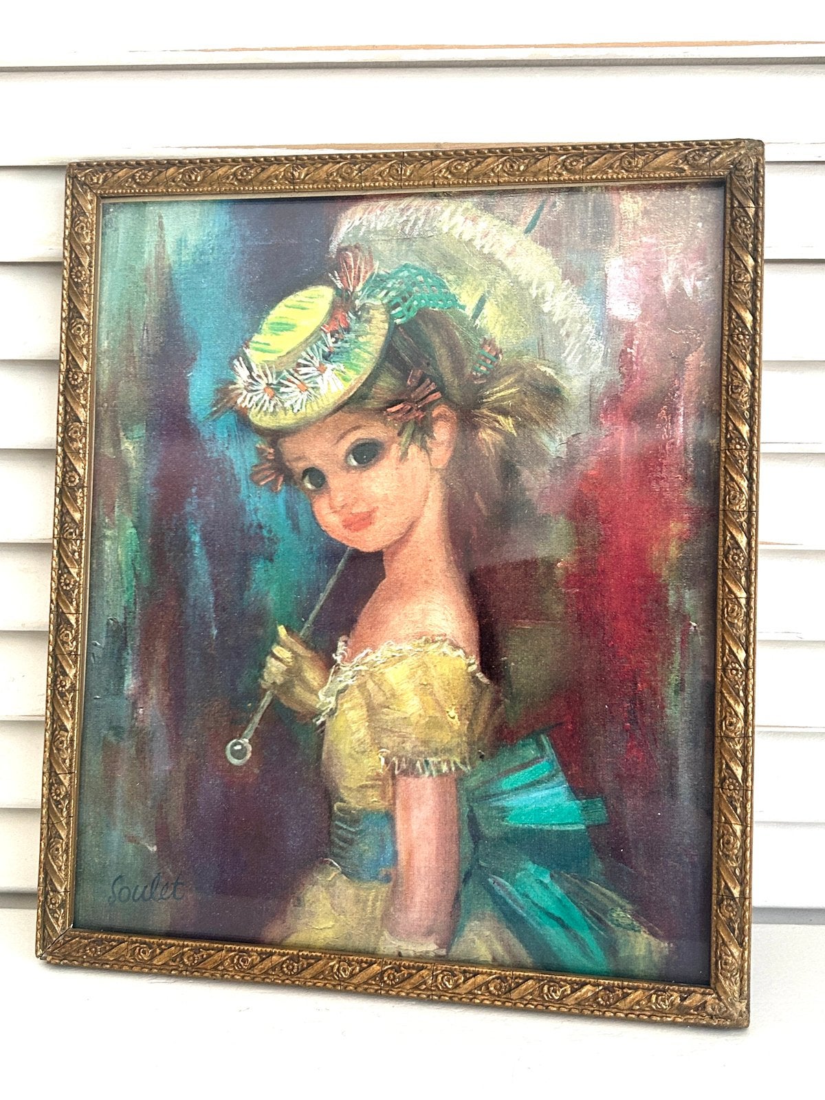 Vintage schilderijtje prent meisje met parasol 18,5x22 cm, Ophalen, Minder dan 50 cm, Schilderij