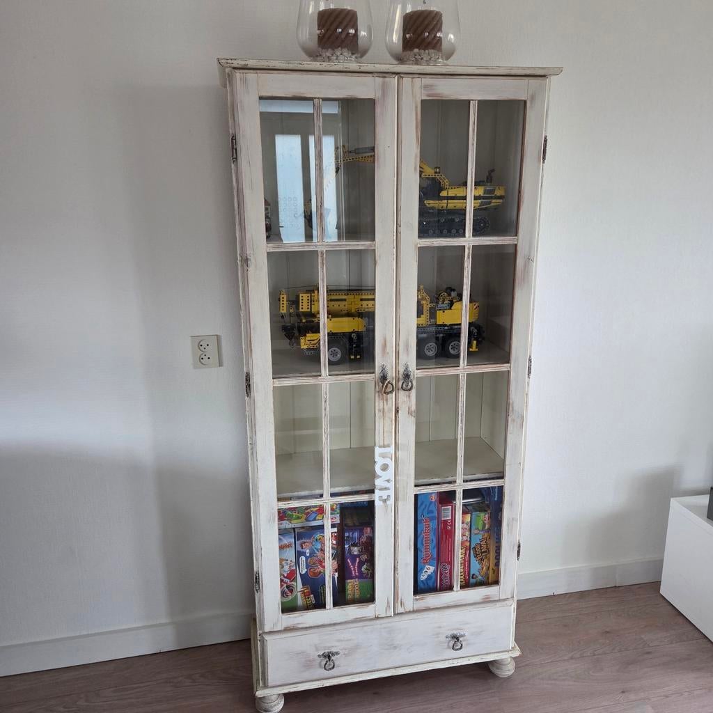 Oude vitrinekast met lade € 140 euro, Huis en Inrichting, Kasten | Vitrinekasten, Ophalen, Gebruikt, Met deur(en), Glas