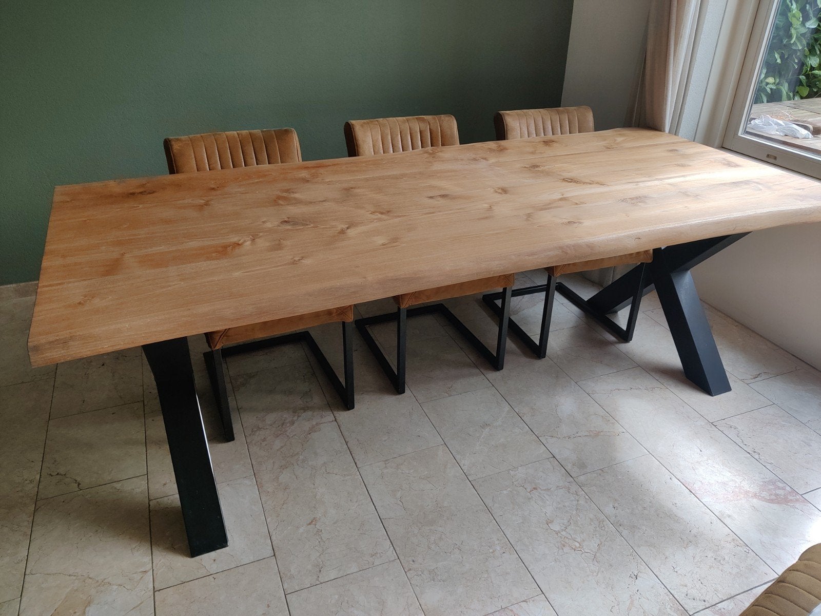 Eettafel 240x100 met boomstam blad, Gebruikt, 200 cm of meer, 50 tot 100 cm, Landelijk