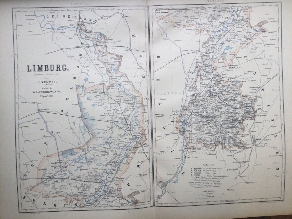 Provincie Limburg, 1905, grote kaart, Verzenden, Cartografie, Handgekleurd, 59 cm
