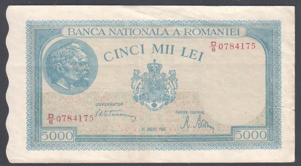 Roemenië 5000 Lei 21-08-1945, Postzegels en Munten, Bankbiljetten | Europa | Niet-Eurobiljetten, Verzenden, Overige landen, Los biljet