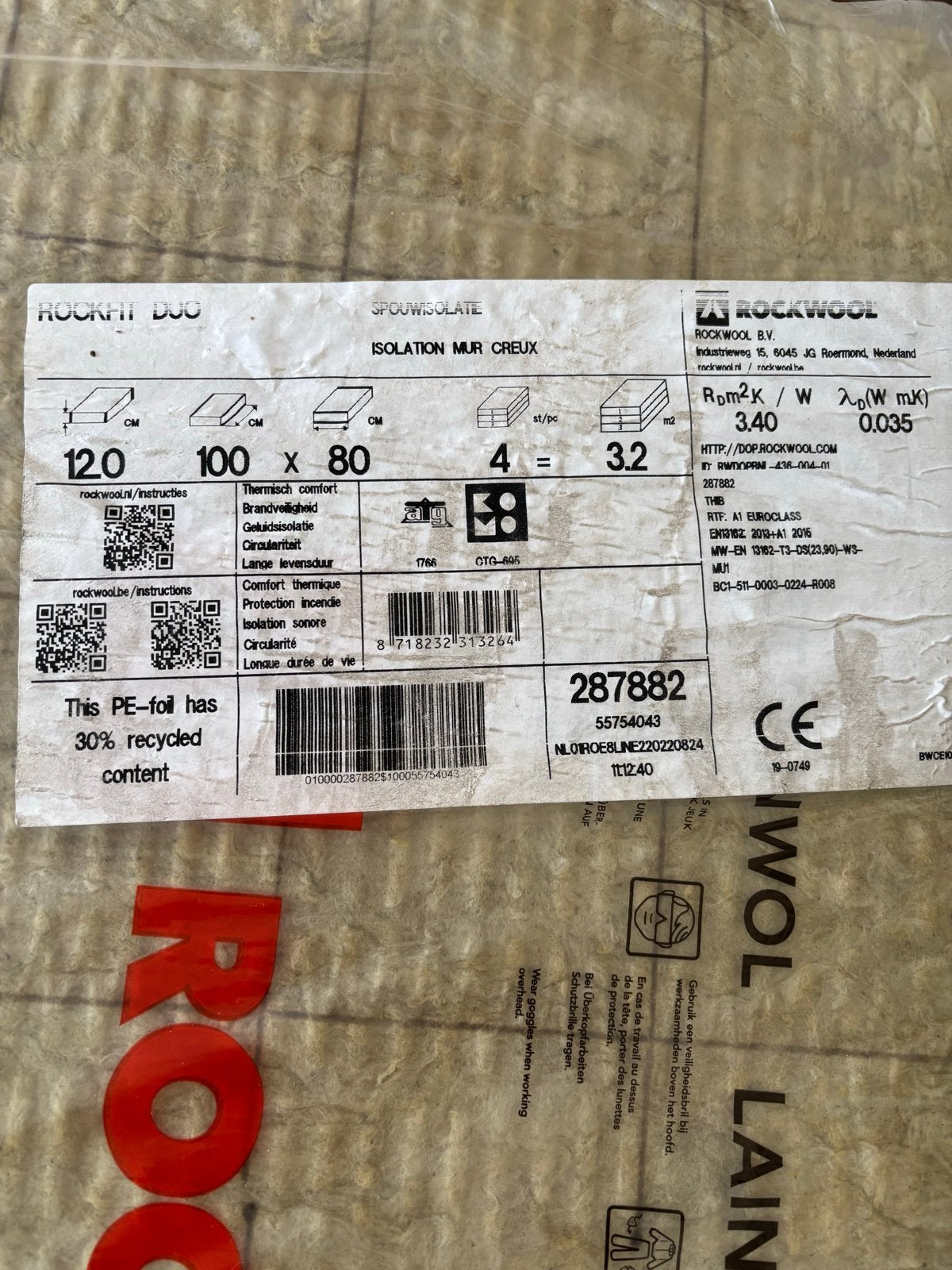 Rockwool Spouwisolatie 120x100x80mm - Nieuw, Doe-het-zelf en Verbouw, Ophalen, Nieuw, Steenwol, Minder dan 5 m²
