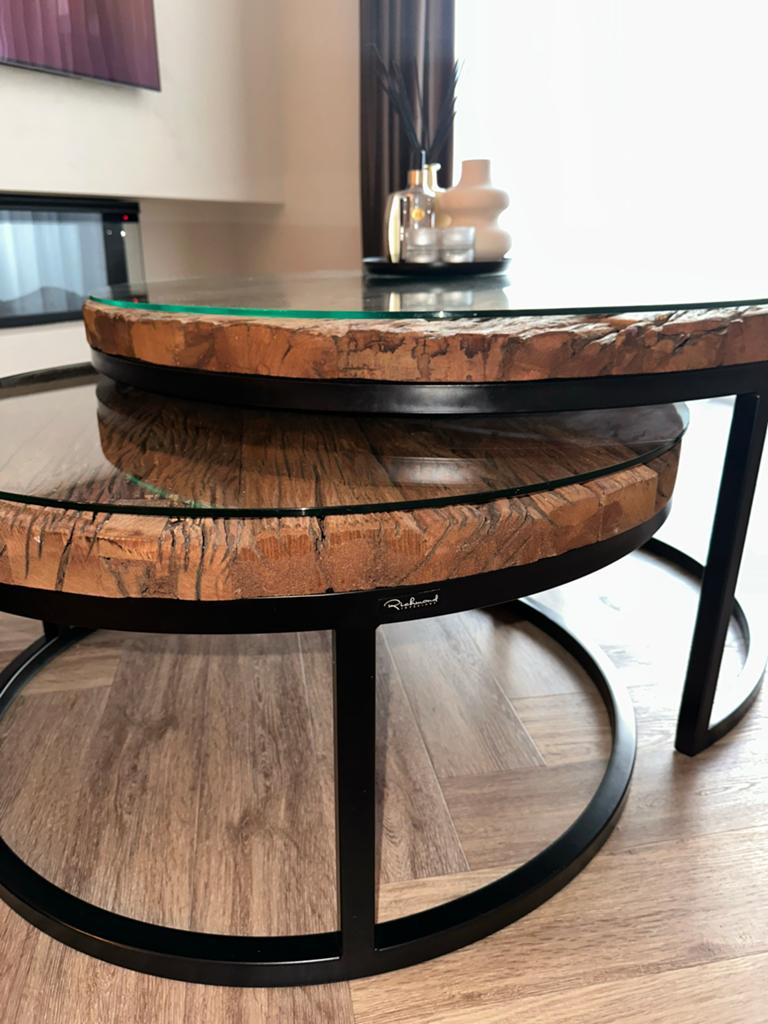 Salontafel set Richmond Interiors - Hout en Glas, Ophalen, Rond, 50 tot 100 cm, Zo goed als nieuw