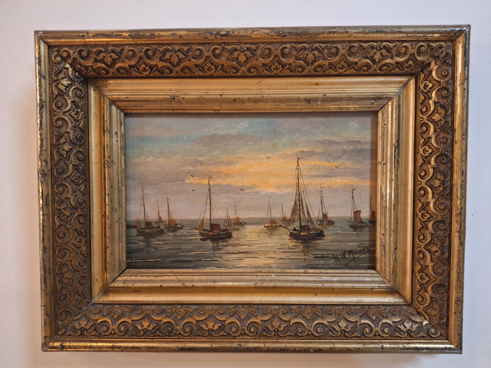 Schilderij boten gesigneerd H.W. Mesdag, Antiek en Kunst, Realistisch, Origineel werk, Ophalen of Verzenden, Olieverf