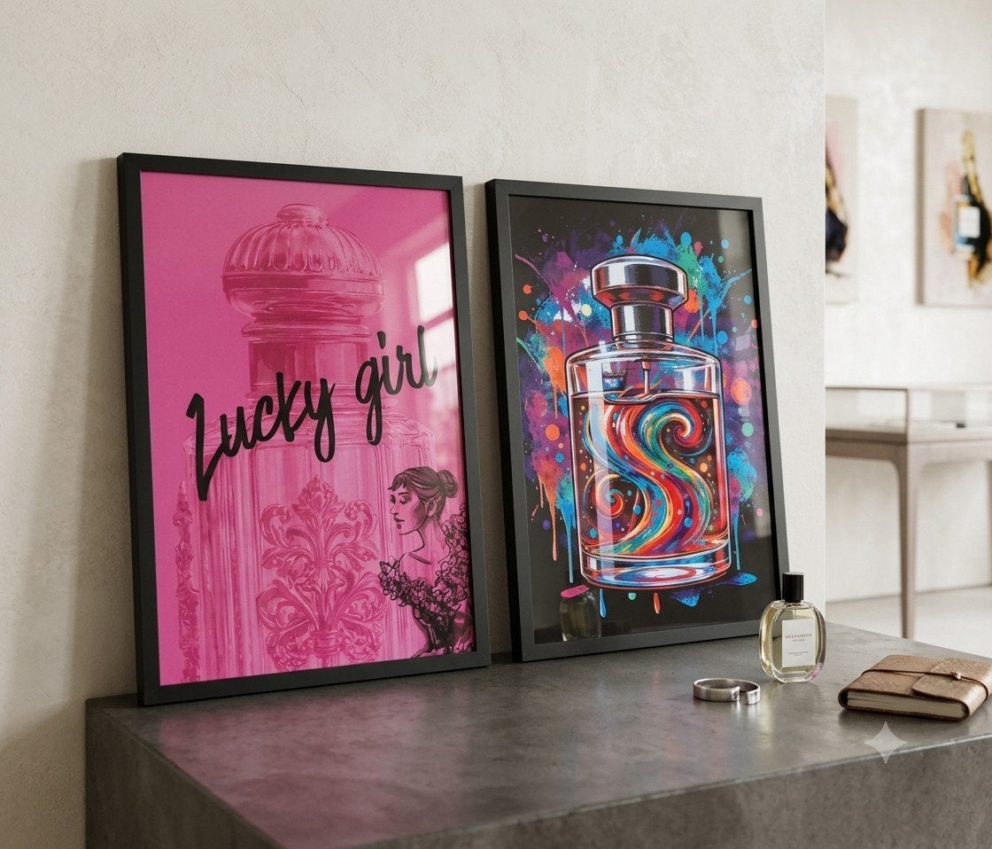 kunstprints schilderij: 'Lucky Girl' en 'parfumfles', Nieuw, Ophalen of Verzenden, Print, 75 – 100
