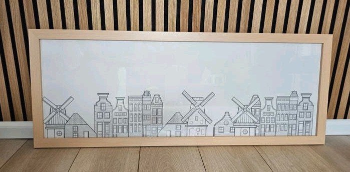 Schilderij Hollandse Skyline Huisjes en Molens 98cm  38 cm, Huis en Inrichting, Woonaccessoires | Lijsten, Nieuw, Minder dan 50 cm