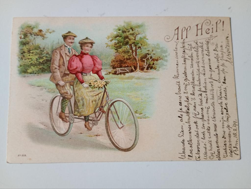 Fantasiekaart Lithokaart Fiets 1899, Verzamelen, Ansichtkaarten | Themakaarten, Ophalen of Verzenden, Voor 1920, Gelopen, Voertuig