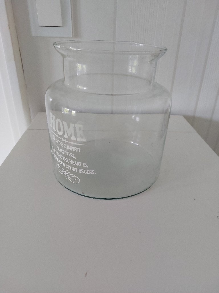 Glazen decoratie Pot met tekst, Huis en Inrichting, Ophalen, Transparant, Geschikt voor droogbloemen, 20 cm