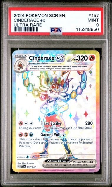 Cinderace EX Full Art 157/142 Stellar Crown PSA 9 Pokémon, Ophalen of Verzenden, Nieuw, Losse kaart