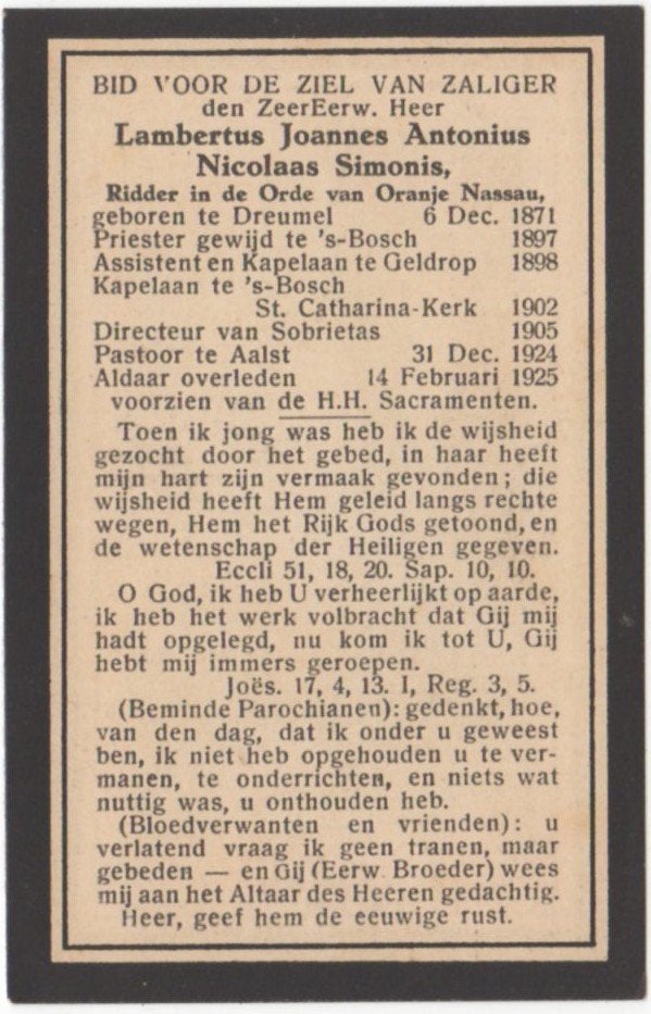 pastoor Lambertus Simonis 1871 Dreumel + 1925 Aalst, 53 jr, Verzenden