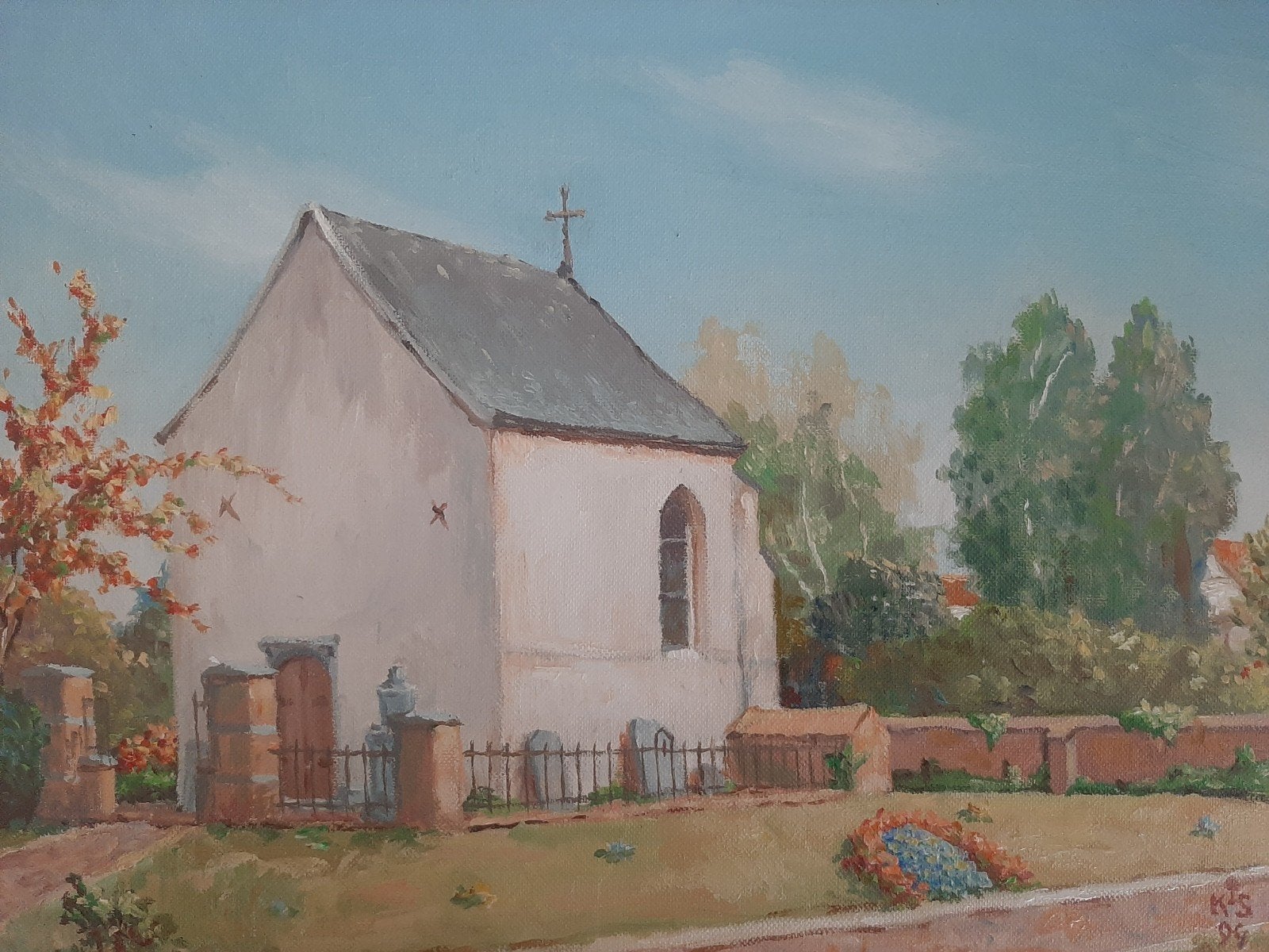 Schilderij dorpsgezicht  kerk opgrimby maasmechelen, Ophalen of Verzenden