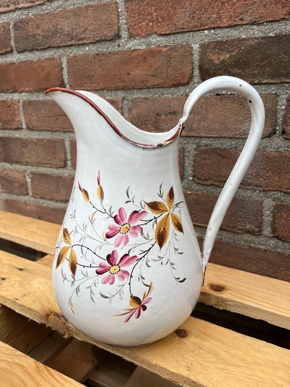 Antieke emaille waterkan met bloemdecoratie, Ophalen of Verzenden
