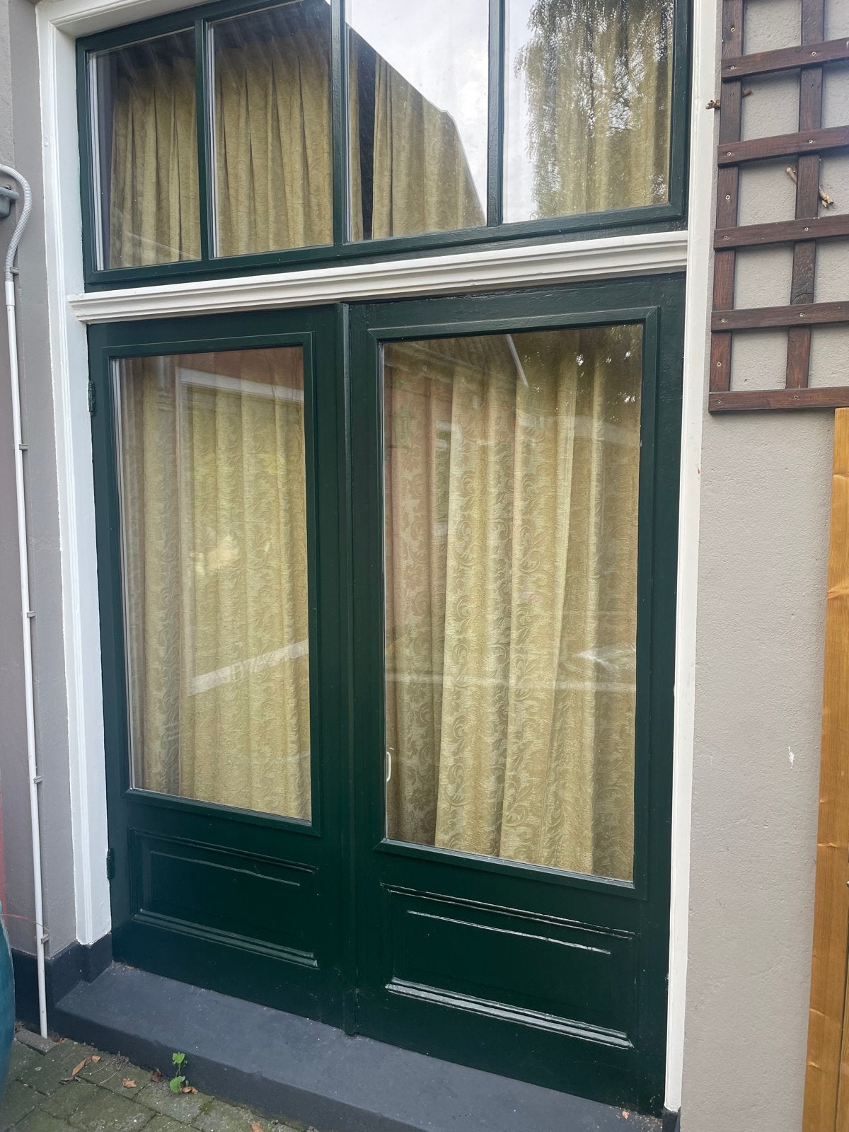Dubbele houten buitendeuren met glas en bovenlicht, Gebruikt, 80 tot 100 cm, Ophalen of Verzenden, Buitendeur
