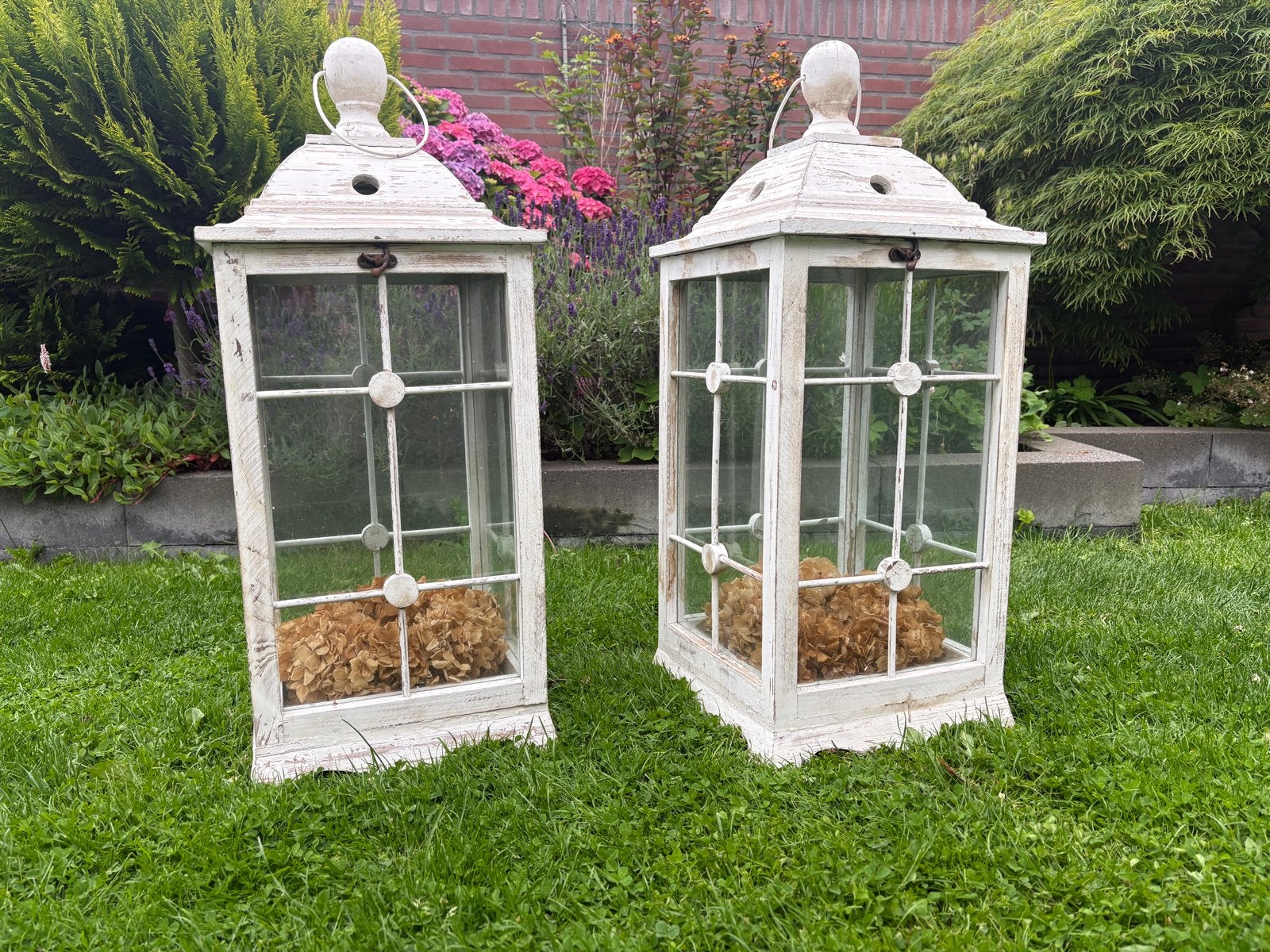 Grote houten windlichten met echt glas - 84 cm hoog, Ophalen, Gebruikt, Onbekend, Wit