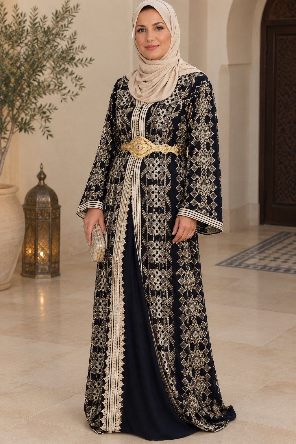 Elegante Kaftan met Gouden Borduurwerk, Overige typen, Blauw, Maat 42/44 (L), Ophalen of Verzenden